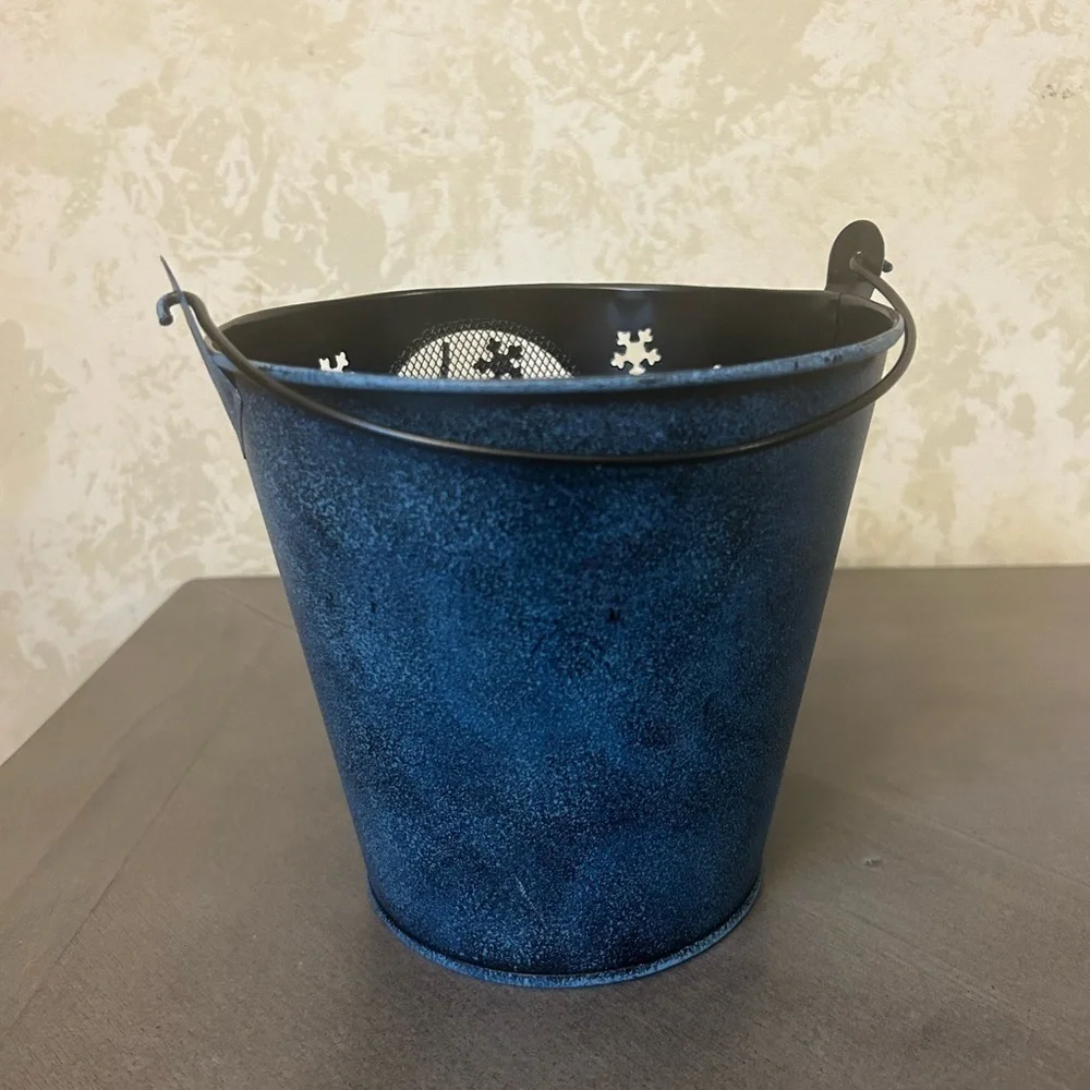 Hand Painted Small Tin Metal Handled Pail Snowman Let it Snow with Mesh.